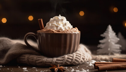 Canvas Print - Hot chocolate with marshmallows on rustic table generated by AI