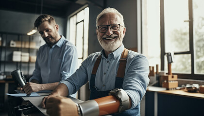 Sticker - Mature businessmen smiling, holding tools in workshop generated by AI