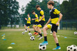 © matimix - Group of Soccer Players Standing in Line and Kicking Balls at Grass Practice Pitch. Youth Footballers on Training Session