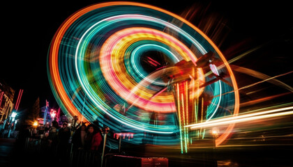 Poster - Spinning carnival wheel ignites vibrant city nightlife generated by AI