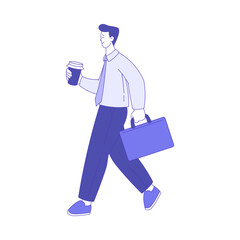 Sticker - Business Man Character Walking with Coffee Cup and Briefcase Vector Illustration