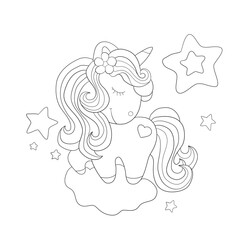 Wall Mural - coloring book with a unicorn on a cloud among the stars