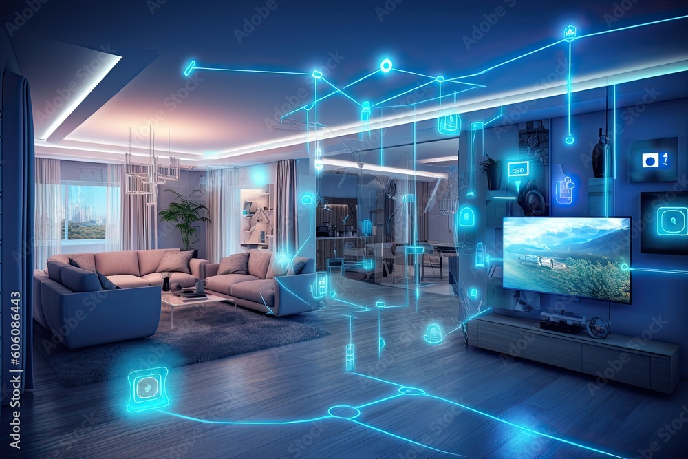 Ilustração Interior of AI augmented reality smart home, Modern smart ...