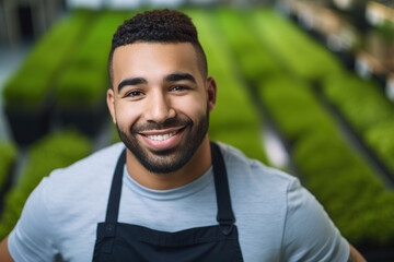 Wall Mural - A man standing in front of rows of green plants. AI generative image