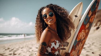 African American woman wearing a bikini in a beach setting - generative AI, AI generated