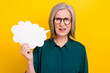 Photo of unsatisfied confused lady arm hold empty space cloud card communicate isolated on yellow color background