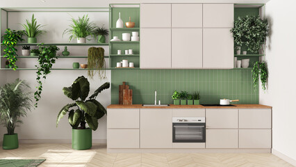 Poster - Indoor home garden concept idea. Minimal kitchen interior design in white and green tones. Parquet, sofa and many house plants. Urban jungle background