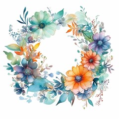 Wall Mural - Watercolour illustration of decorative floral frame on white background, created with generative AI