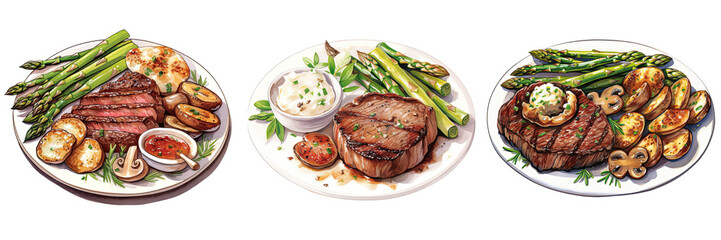 watercolor grilled steak and mashed potatoes illustration transparent background, PNG ,Generative AI