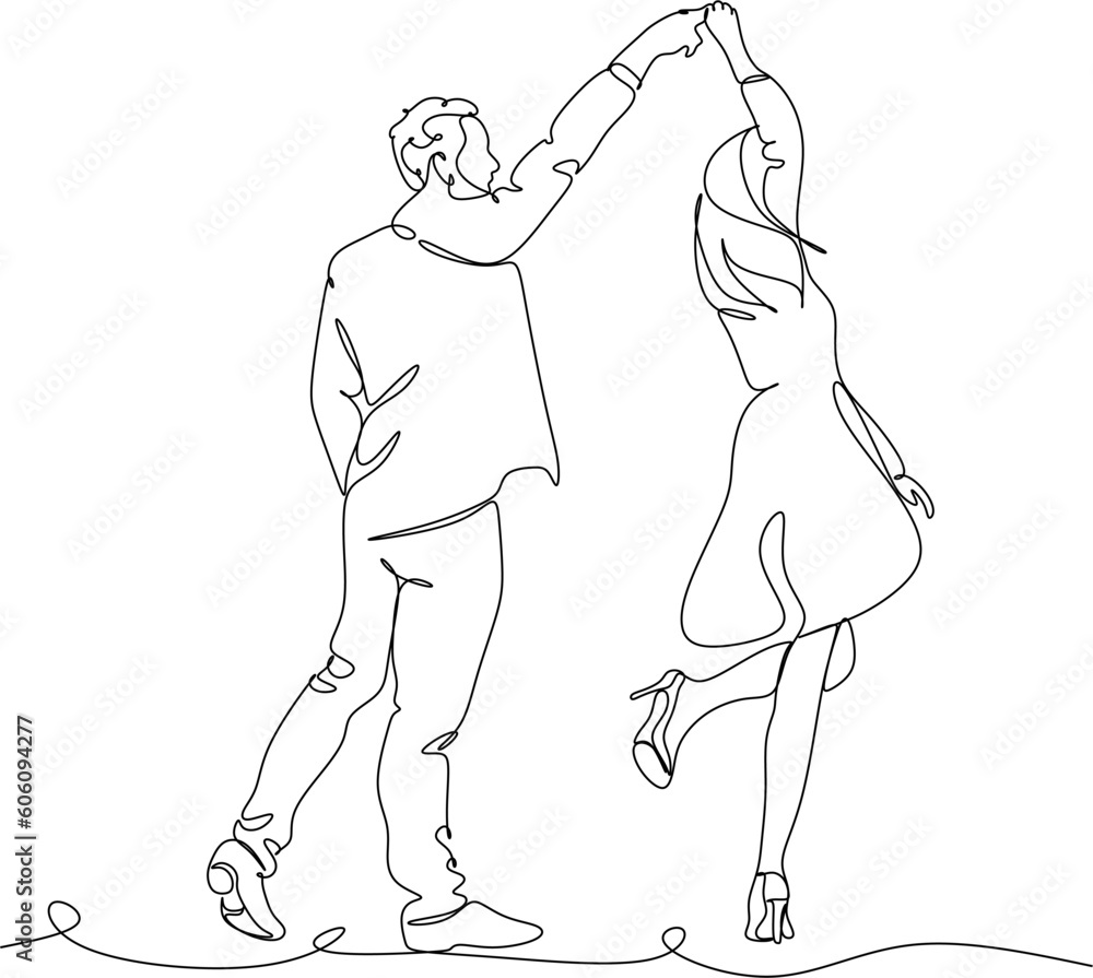 Single one line drawing happy cute married man and woman dancing on the ...