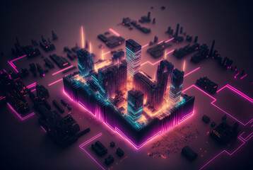 Sticker - Abstract neon city aerial view. Technology concept of night cityscape with blue lights in synthwave style. Generated AI. Generative AI