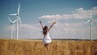 Adorable girl standing in wind turbine field. Green alternative energy, Generative AI