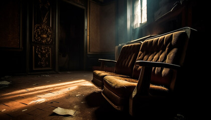 Sticker - Empty old fashioned armchair sits in spooky abandoned room generated by AI