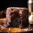 Delicioso pastel de chocolate. IA generada. Brownies de chocolate sobre fondo de madera, panadería casera y postre. Chocolate jugoso derretido.