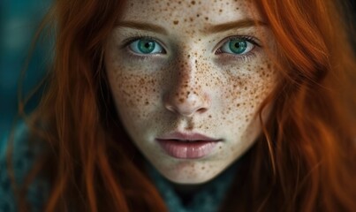 Beautiful red haired irish girl with blu eyes, red hair and lots of freckles, generative AI