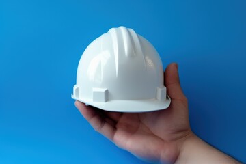 Wall Mural - Hand holding white safety helmet, engineer helmet, blue background, Generative AI