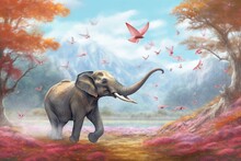  A Painting Of An Elephant Walking Through A Field Of Flowers And Butterflies With A Mountain In The Background And A Bird In The Foreground.  Generative Ai