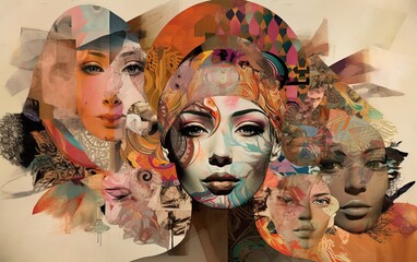 Abstract collage that celebrates the beauty and diversity of humanity. It features a variety of people from different ethnicities, cultures, ages and genders. Ai generative illustration