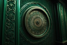  A Close Up Of A Green Door With A Circular Design On The Front Of The Door And A Circular Design On The Back Of The Door.  Generative Ai
