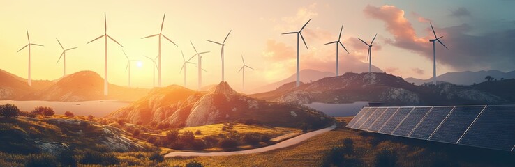 solar panels and windmills in the mountains at sunset Generative AI