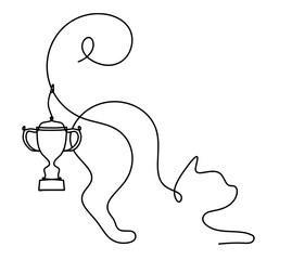 Wall Mural - Silhouette of abstract cat with trophy in line drawing on white