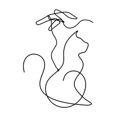 Wall Mural - Silhouette of abstract cat with hand in line drawing on white