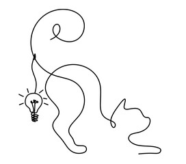 Wall Mural - Silhouette of abstract cat with light bulb in line drawing on white