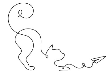 Wall Mural - Silhouette of abstract cat with paper plane in line drawing on white