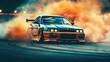 Sports car drifting on the track with smoke flying from the wheels. Generative AI