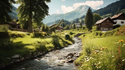 Swiss landscape with river stream and houses. Generative AI