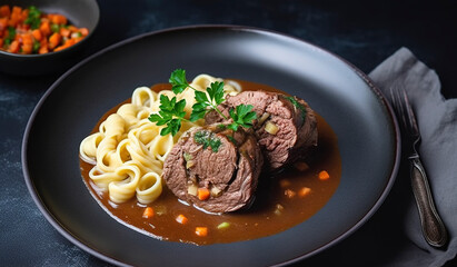 Traditional slow cooked German Wagyu beef roulades with gnocchetti sardi noodles in a spicy gravy as a top view on a Nordic design plate with copy space on the right