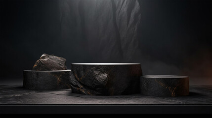 Wall Mural - Dark stone podium for display product presentation with smoke. 3d pedestal design illustration. Generative Ai.