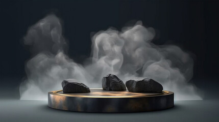 Wall Mural - Dark stone podium for display product presentation with smoke. 3d pedestal design illustration. Generative Ai.