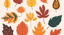 Autumn Leaves Set. Autumnal Yellow Leaf, Forest Nature Orange Leafage And September Red Leaves. Chestnut, Dog Rose And Viburnum Or Foliage Leaf. Flat Isolated Icons, Generate Ai