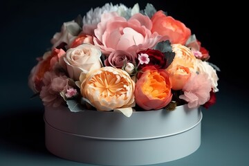 Wall Mural - Flowers in round luxury present box. Bouquet of peonies and roses in paper box. Mock-up of hat box of flowers. Interior decoration in in pastel colors. AI generated image