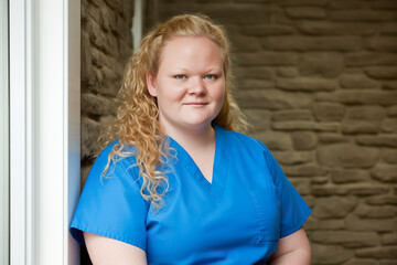 Canvas Print - A woman with blonde hair wearing a blue scrub top. AI generative image