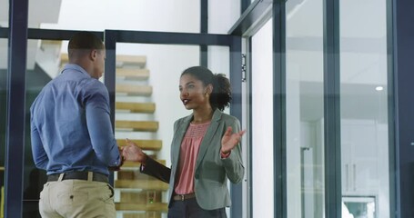 Aufkleber - Welcome, talking and business people with a handshake for a meeting, interview or b2b. Smile, office and a male hr worker shaking hands with a corporate woman for onboarding or thank you at work