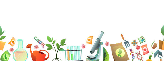Chemistry and natural fertilizers. Seamless bottom border. Introduction of mineral and organic top dressing to increase yield of vegetables and fruit trees. Isolated on white background. Vector.