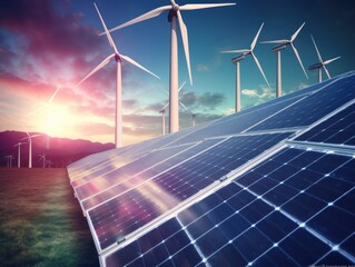 wind turbines and solar panels. green energy concept. generative ai