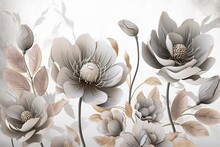 3d Mural Wallpaper With Simple Floral Painting Light Gray Background. Drawing Modern Flowers For Bedroom Decor, Generate Ai