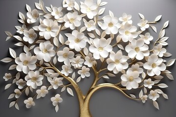 Wall Mural - 3d wallpaper floral tree background with white flower leaves and golden stem. interior wall home decor, generate ai