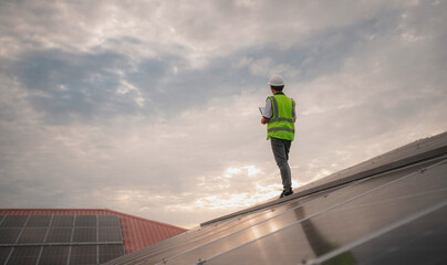 Wall Mural - service engineer checking solar cell on the roof for maintenance if there is a damaged part. enginee
