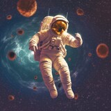 Fototapeta Kosmos - an Astronaut floating through space, feeling weightless, moon background, Spaced -themed, photorealistic illustrations in a JPG. generative ai