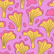 Seamless pattern with chanterelle mushrooms. Retro 1970 style groovy psychedelic vector background 
