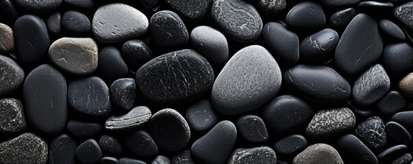 a birds-eye view of Black river stones in a  horizontal format for a product backdrop, Abtract-themed,  photorealistic illustrations in JPG. Generative AI