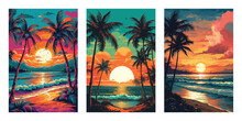 Set Of Beach Landscapes In The Evening. Vector Illustration Background For Poster, Flyer, Cards, Web.
