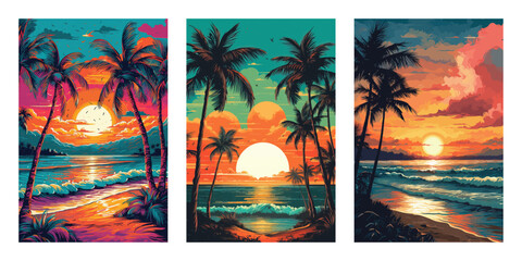 set of beach landscapes in the evening. vector illustration background for poster, flyer, cards, web