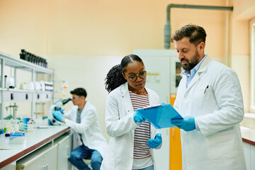 Wall Mural - two scientist analyzing research data while working in laboratory.