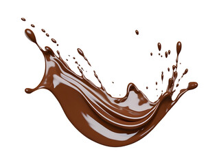 Chocolate splash isolated on transparent and white background, chocolate milk, brown liquid, paint pouring.