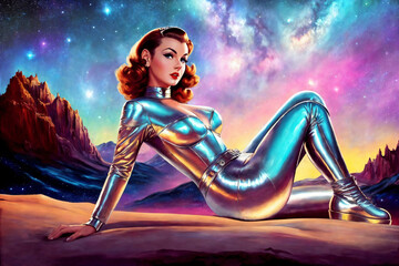 Portrait of a beautiful woman in a polished aluminum suit as an astronaut, space explorer in the retro futurism style of the 50s. Generative AI.